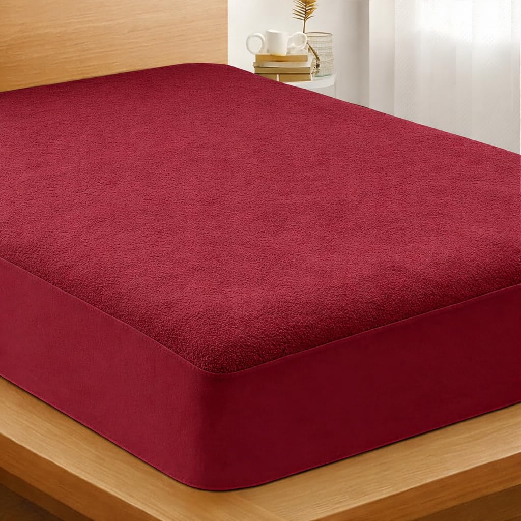 King Size Waterproof Mattress Protector 6x6 Feet (72x72 Inch / 183x183 cm) | Cotton Terry Feel | 100% Leakproof, Breathable & Hypoallergenic | Noiseless Fitted Bed Cover – Burgundy