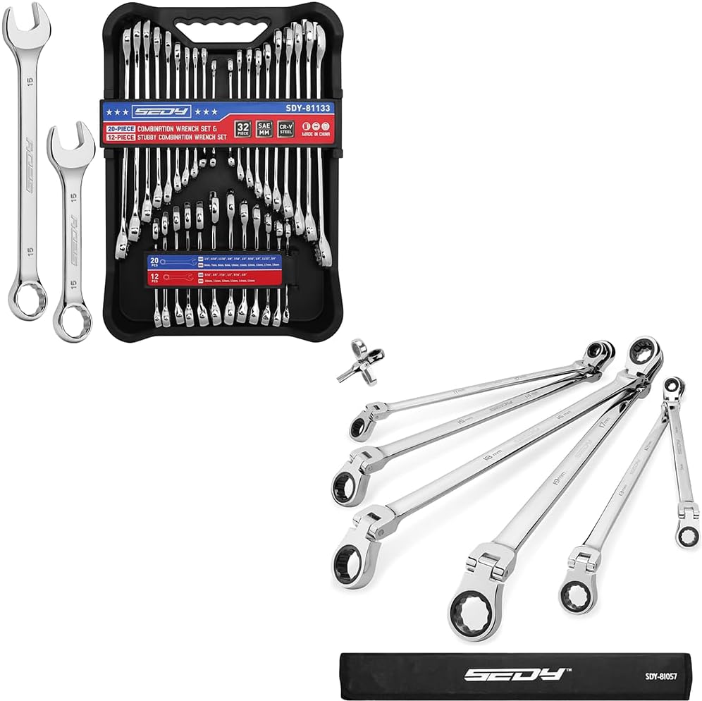 Extra Long Flex-Head Ratcheting Wrench Set & Open-Box-End Combination Stubby Wrench Set