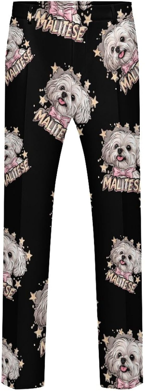 Cute Maltese Dog Men's Classic Fit Suit Pants Straight Leg Design Printed Trousers