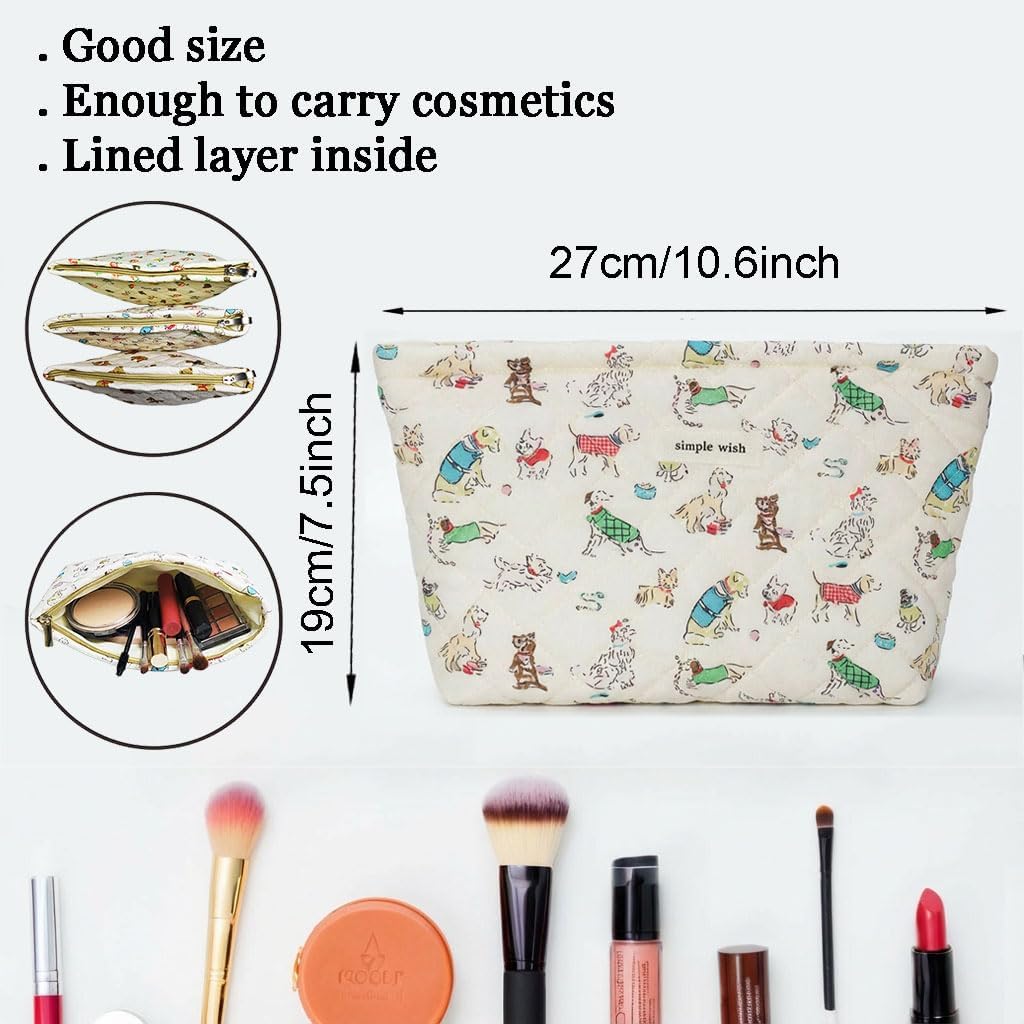 Quilted Cotton Makeup Bag, Large Quilted Cute Animal Cosmetic Bag, Travel Toiletry Bag, Cotton Aesthetic Makeup Bag for Women and Girls (dog-1) - Image 2