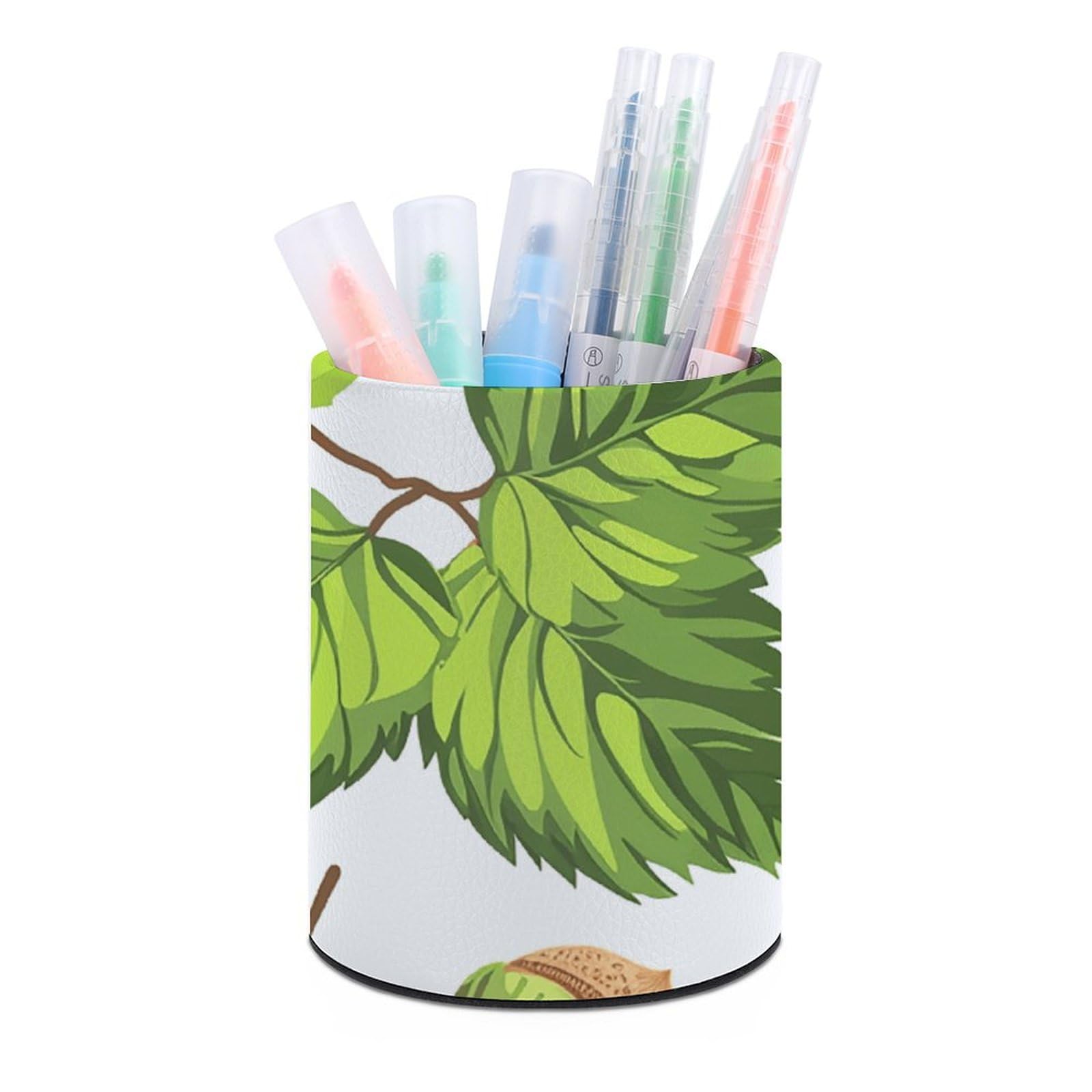 KLOPH PU Leather Pen Holder for Desk, Aesthetic Pencil Cup for Desktop, Makeup Brush Srotage for Pens Organizer Office Supplies, Hazelnuts And Leaves Pen Cup Pencil Caddy for Home Art Supply