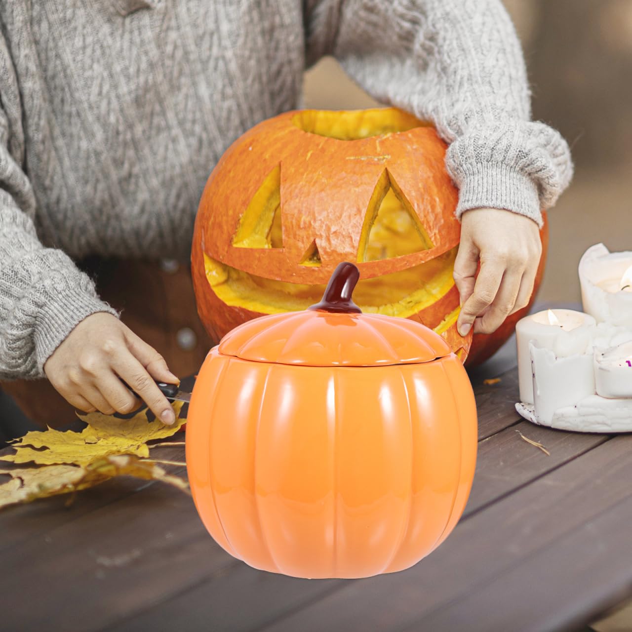 Vaso zuppa a forma di zucca, ciotola di zucca in ceramica, tazza di zucca in ceramica, vaso zuppa a tema Halloween con coperchio, ciotola forno per forno forno con coperchio 1800 ml