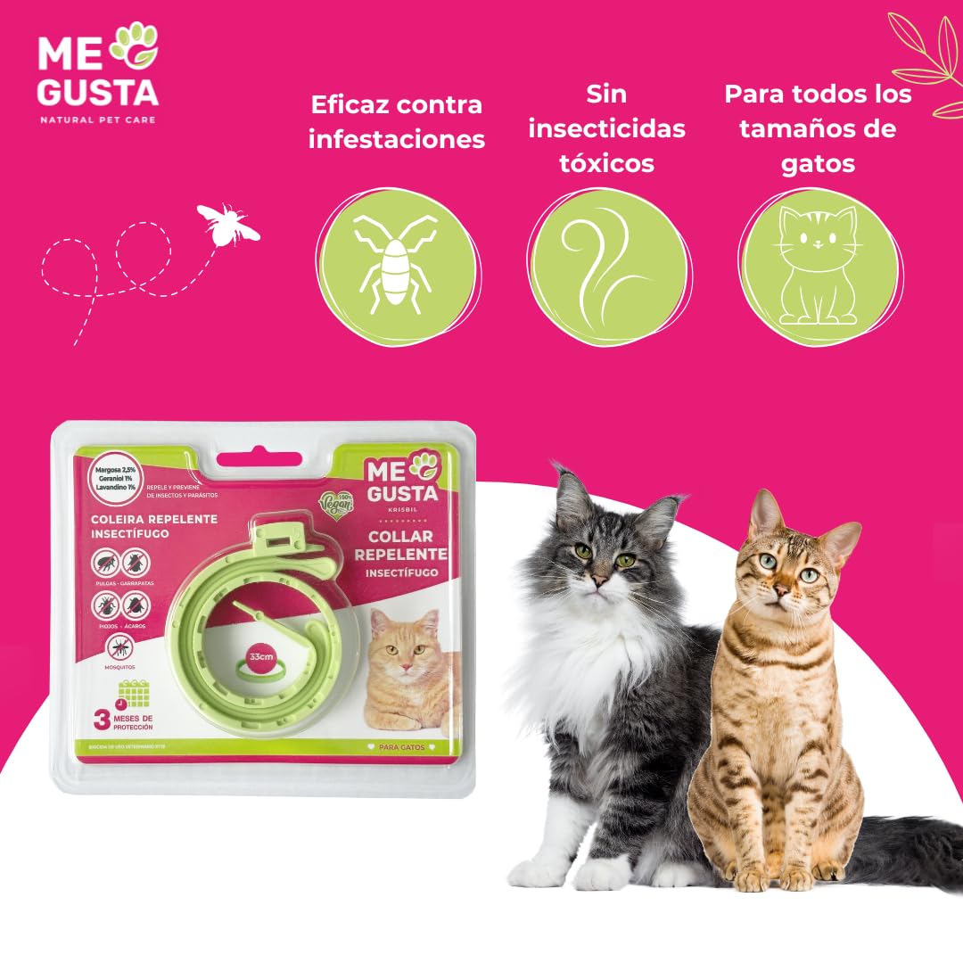 ME GUSTA Collar Repelente para Gatos con 3 Activos Naturales Margosa, Geraniol Y Lavandino | Repele Todo Tipo de Insectos | Fragancia Cítrica | Estuche | 30 cm