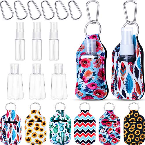 6 Pieces Travel Bottle Keychain Holders with 3 Portable Plastic Empty Bottle Container, 3 Refillable Clear Travel Spray Bottle and 6 Metal Buckles for Liquid, Lotion, Essential Oil, Toiletry (6 Style)