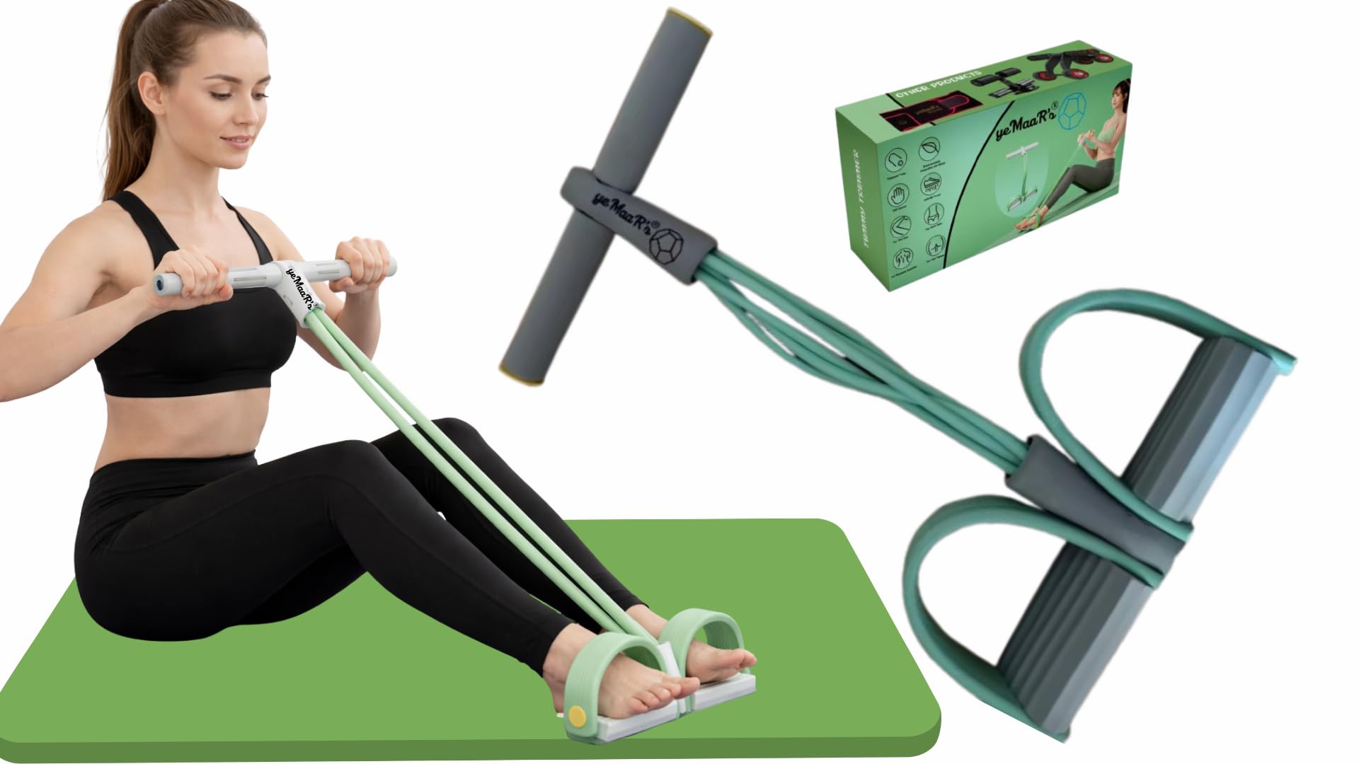 yeMaaR's GreenGrey Tension Rope 6 Tube Elastic Yoga Pedal Puller Fitness Equipment Abdomen Waist Stretching Slimming Tummy Trimmer Home Gym, Ab Exercise Belly Fat Exercise Equipment