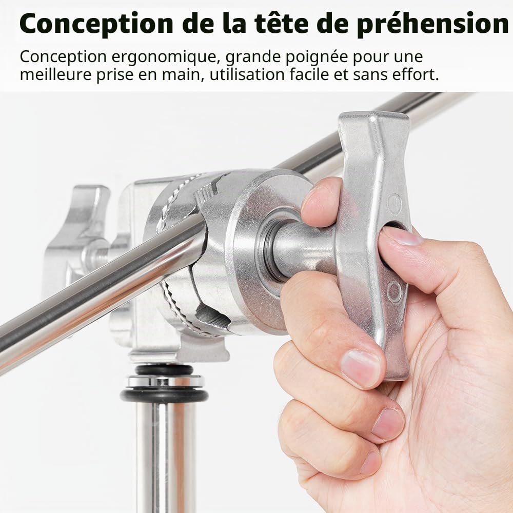 AMBITFUL Support en Forme de C Robuste en Acier Inoxydable avec Perche – Hauteur maximale 320 cm – Support d'éclairage de Photographie avec Bras de Maintien de 128 cm, 2 têtes de préhension