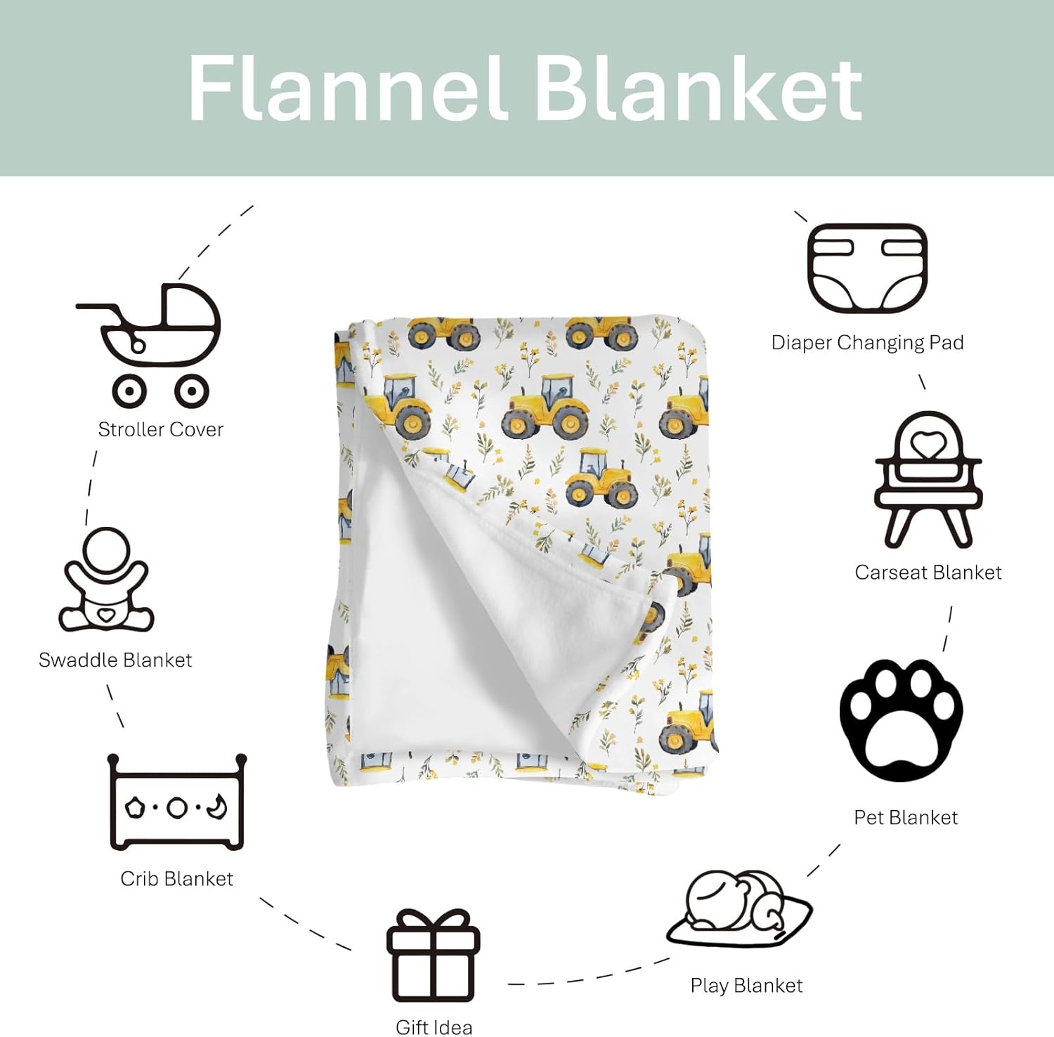 Watercolor Yellow Tractors Baby Blankets for Boy Girl Farm Tractors Boho Leaves Soft Flannel Nursery Bed Blankets for Infant Toddler Crib Stroller Swaddle Receiving Blanket Playmat 60x80inch