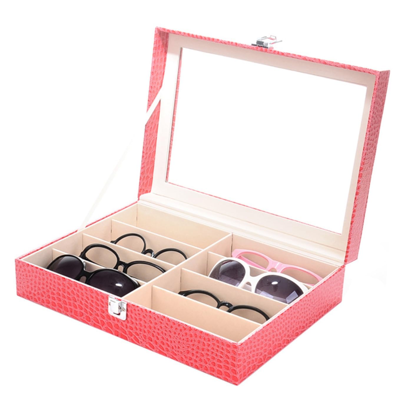 BESPORTBLE Organizer per Occhiali 8 Scomparti in Pu e MDF, Custodia Raffinata a Motivo Grain per Casa e Ufficio, Organizzatore Multifunzione per Occhiali e Monete