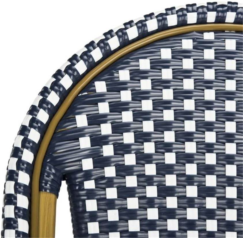 Pemberly Row 26" Wicker/Rattan Indoor/Outdoor Counter Stool, Navy/White Pattern, Powder-Coated Weather-Resistant Finish, Lightweight Bistro Style Seating for Kitchen, Dining Room or Patio