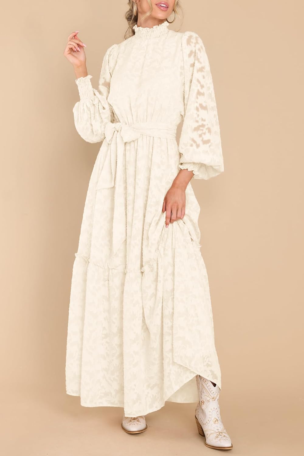 MITILLY Women's Fall Dresses Elegant Floral High Neck Long Sleeve Elastic Waist Formal Maxi Dress with Belt - Image 5