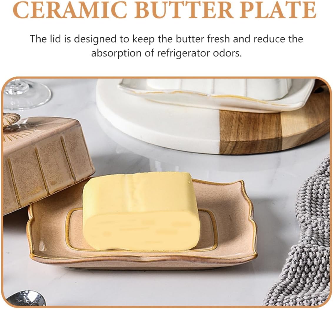 Ceramic Butter Plate with Lid Rectangular Food-grade Storage Tray for Butter Cheese Dessert and Snacks Easy-clean Kitchenware for Home Bakery and Cooking Khaki Vintage Style