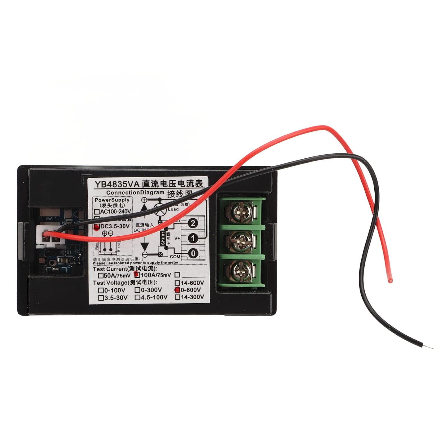 Voltage Current Display Meter YB4835VA Digital Voltmeter Ammeter DC 600V 100A Decimal Point Automatic Shift Dual Display Current Voltmeter