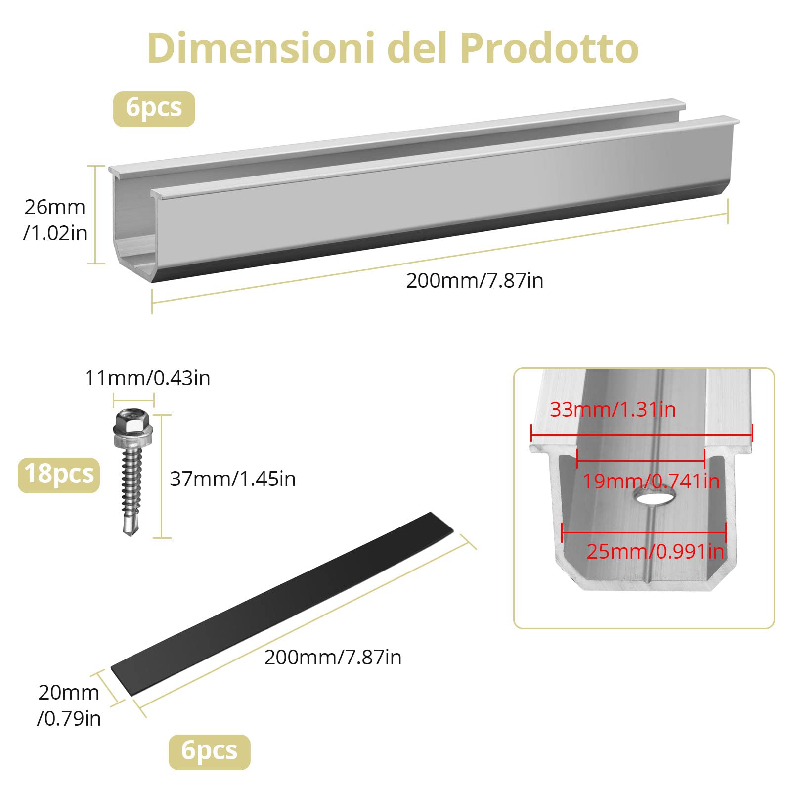 Anbte Set 6 Supporto per Pannello Solare 30mm/35mm Universali Pannelli Solari (Argento-Nessun Staffa, 200*25mm)