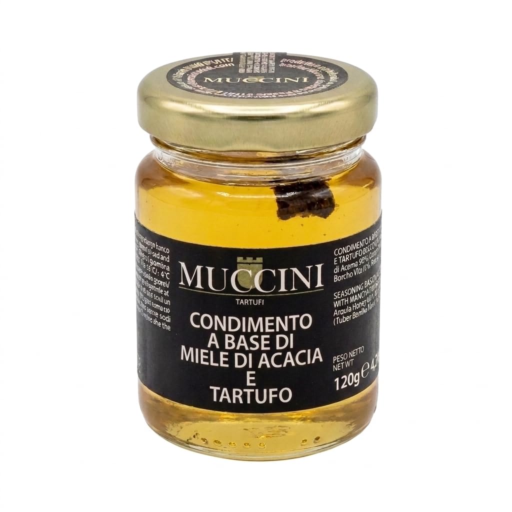 Muccini Miele di Acacia con Fette di Tartufo Bianchetto, Vaso da 90g (Confezione da 6 Vasi)