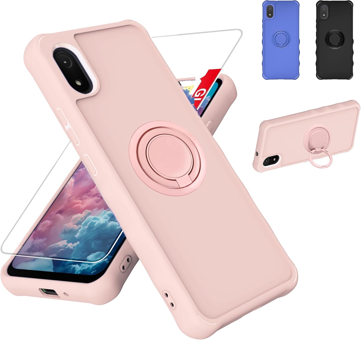 jioeuinly Pink Cloud Stratus C8 Case with Tempered Glass Screen Protector, 2mm Thick Shockproof Cover & 360° Ring Stand