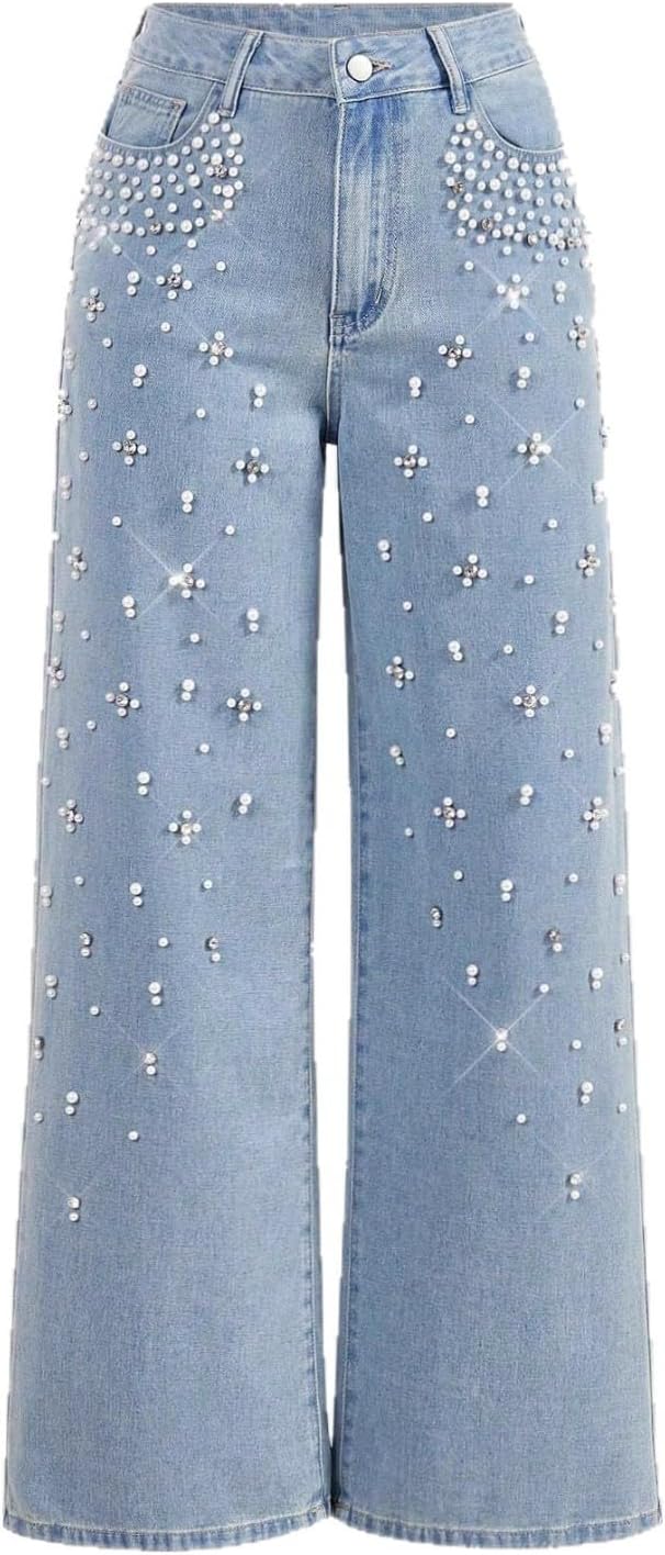 FUNSEED Jeans for Women Mid Waisted Straight Wide Leg Pearl-Studded Shimmering Jeans Casual Baggy Business Casual