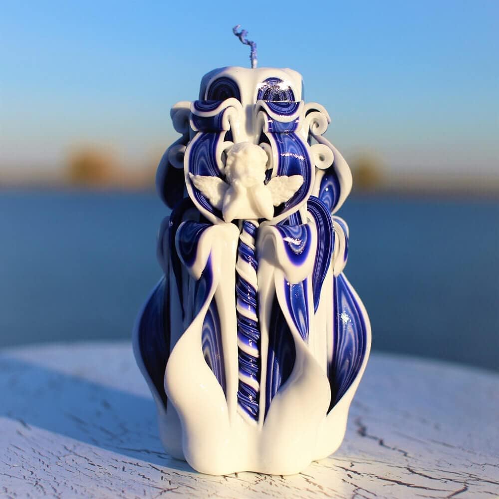 Carved Candles Blue with Christmas Angel, Handmade Candle Christmas Gift-Oscar Candles