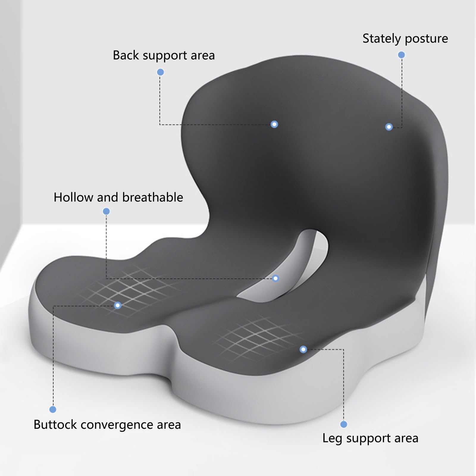 Cojín de asiento ergonómico con doble esquema de color gris para apoyar la parte inferior de la espalda y acolchado ortopédico de doble gris ventilado cómodo