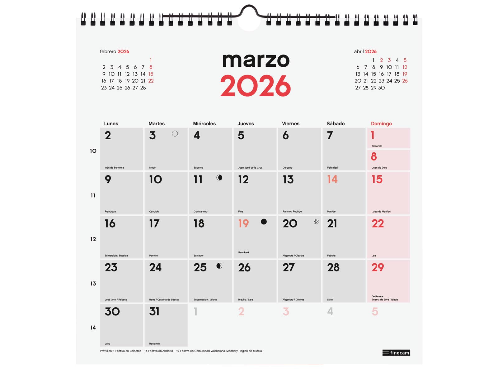 Finocam - Calendario de pared 2026 Mes Vista Enero - Diciembre (12 meses) | Calendario 2026 para anotar | Planificador mensual Neutro - Español
