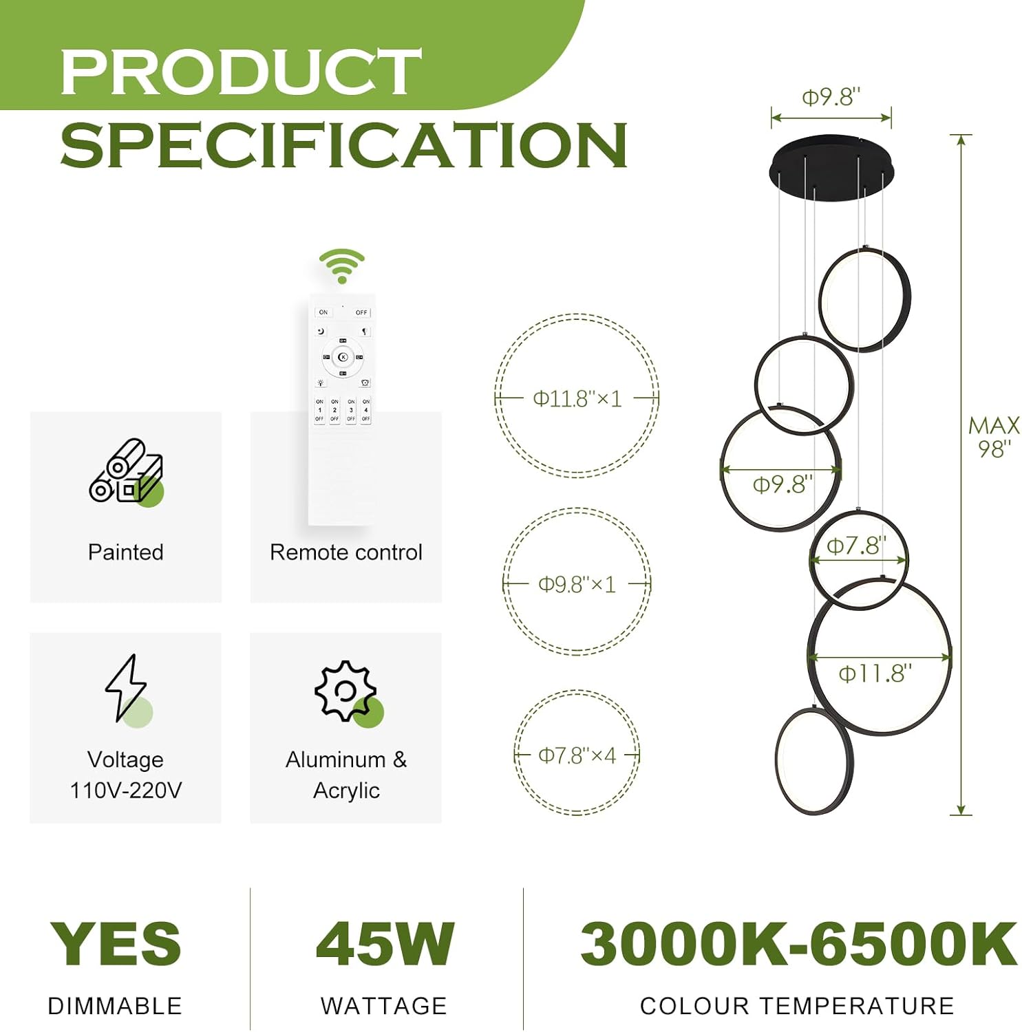 Modern LED Chandelier 6 Ring Black LED Pendant Light Adjustable Height Hanging Ceiling Light Fixture Dimmable Chandelier Ceiling Hanging for Foyer, Entryway (98.5in 3000K-6500K)