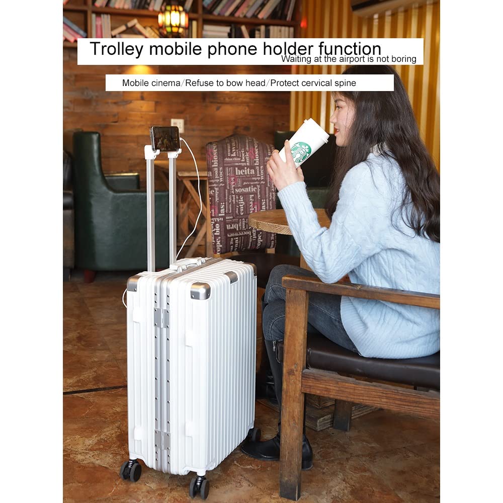 Maleta Multifuncional con Ruedas Giratorias y Puerto de Carga USB - Equipaje de Aluminio con Lados Rígidos - Equipaje de Mano Ligero (Color : White, Size : 26")