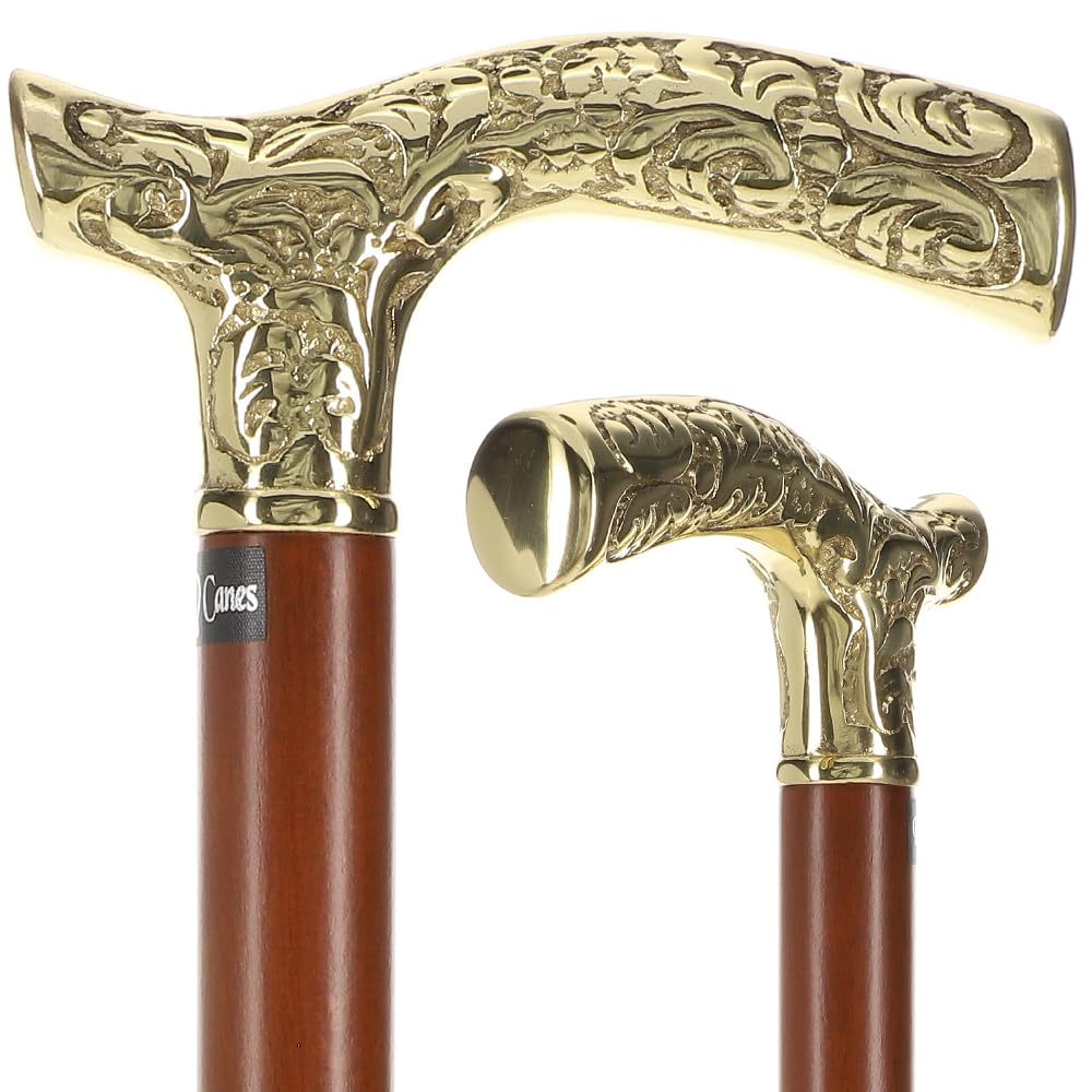 Premium Brass Fritz Handle Walking Cane – Brown Beechwood Shaft – Elegant Carved Brass Scroll Design – Stylish Canes for Men and Canes for Women – 38" Length – 250 lb Capacity