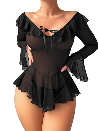 Foxiny Sexy Rave Ruffle Bell Long Sleeve Off Shoulder Mesh Sheer Babydoll Lingerie Set Dress with Thong 2 Piece - Small - Black