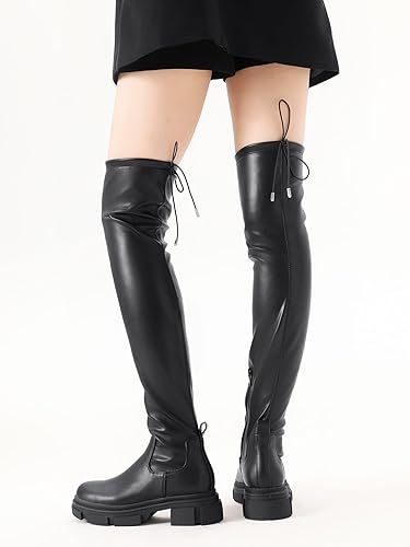 Miniatura 4 de Shoe'N Tale Botas de punto alto hasta el muslo, punta redonda, tacón grueso medio, botas elásticas sobre la rodilla para mujer