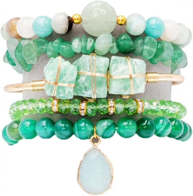 5PCS Natural Boho Beaded Bracelets Bangle for Women Men,Healing Turquoise Jasper Agate Crystal Gemstone Stone Chakra Multilayer Wrap Bohemian Handmade Jewelry Beads Stretch Bracelet Set