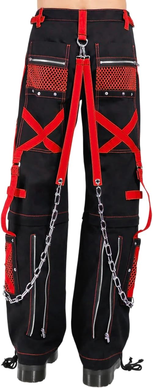 Electro Bondage Rave Men Gothic Cyber Chain Goth Jeans Punk Rock Pant Trouser Black and Red