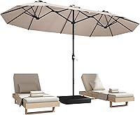 DomeShade 15x9ft Double-Sided Rectangle Patio Umbrella with Base & Crank - Beige Shade for Pool Garden Deck Backyard