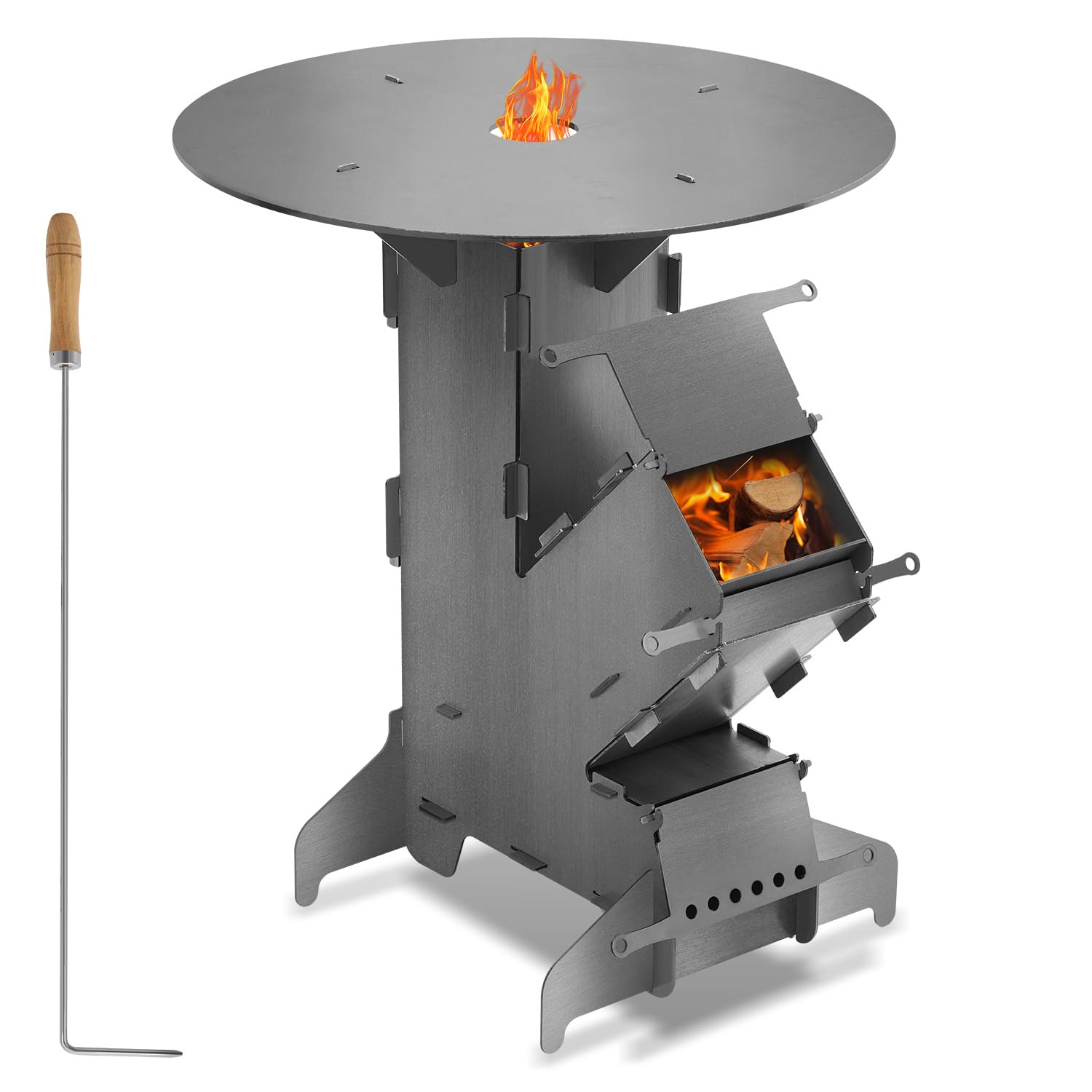 Piec rakietowy ze stali węglowej 3 mm, Outdoor Rocket Stove z płytą grillową (Ø 50 cm), kompatybilny z garnkami Dutch Oven i żeliwnymi patelniami – na kemping, do ogrodu i na taras