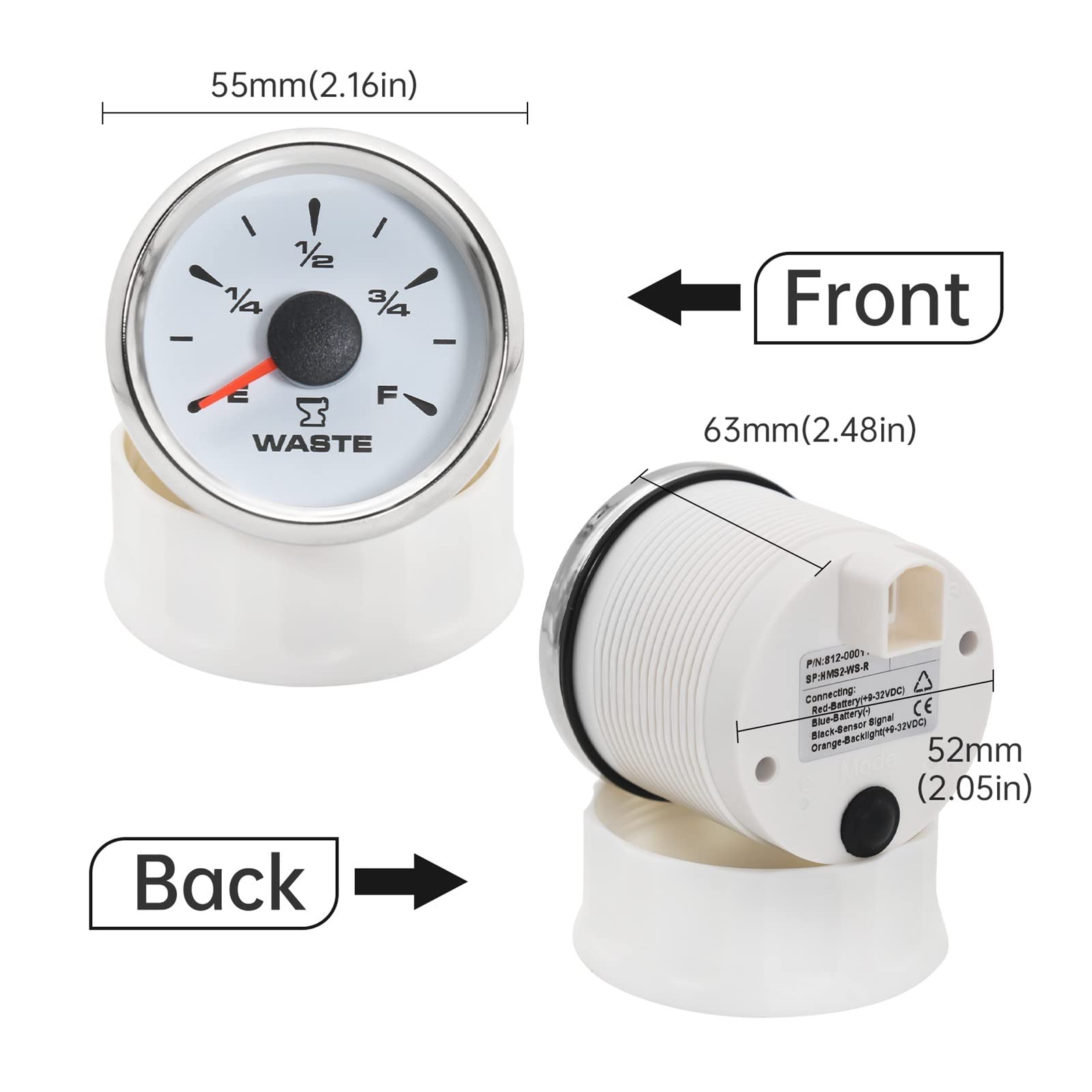 Abwasser-Füllstandsanzeige mit Sensor 52 mm Boot-Haltetank-Füllstandsanzeige 8 Farben Hintergrundbeleuchtung for Auto-Marine-LKW-Abwasserzähler,Präziser Monitor(Gaugex450mm-190ohm)