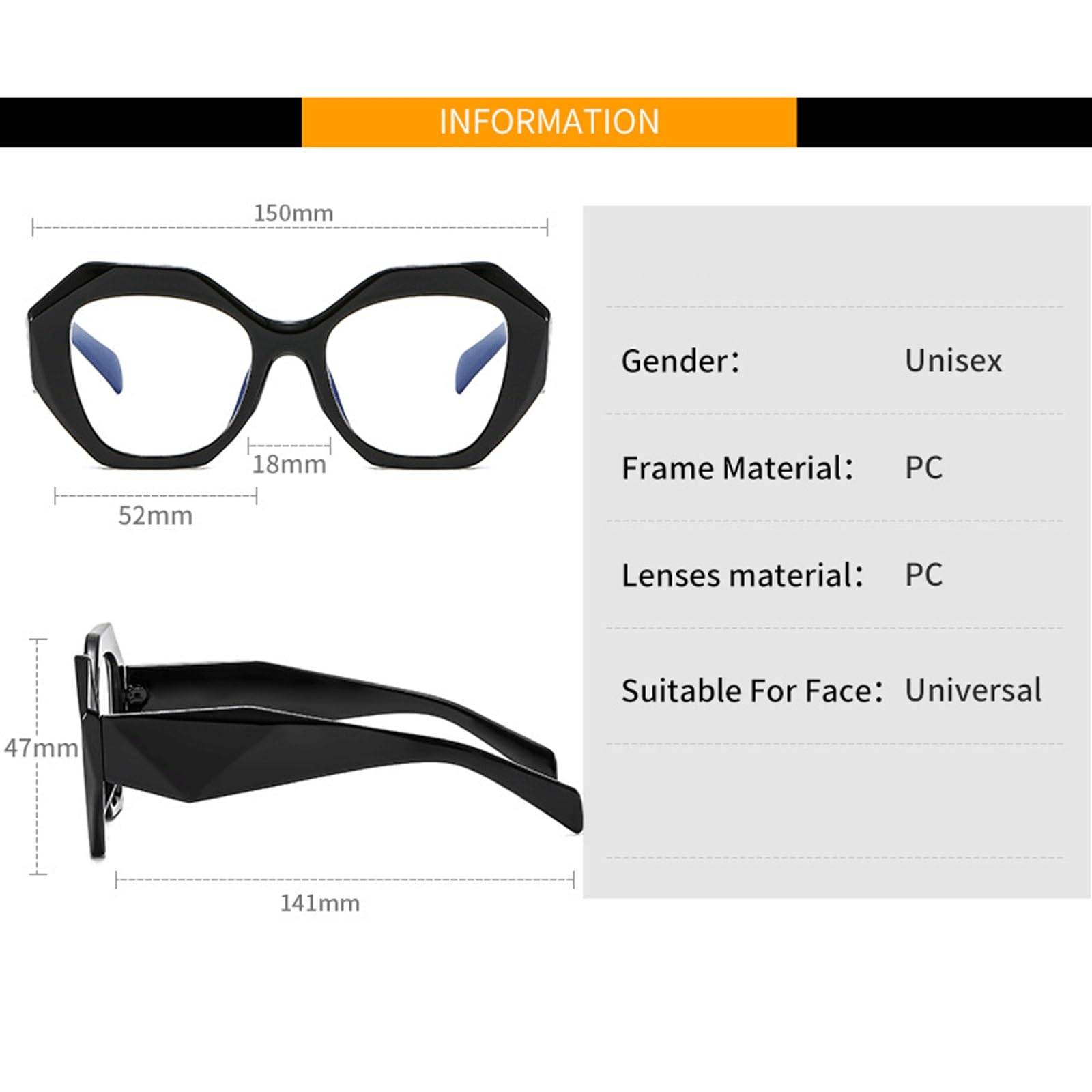 Polygonale Brillengestelle, die Brillen for Computer blockieren | Stilvolle, nicht verschreibungspflichtige Brille, PC-Blaulicht-Lesebrille, Unisex(C1 Black)