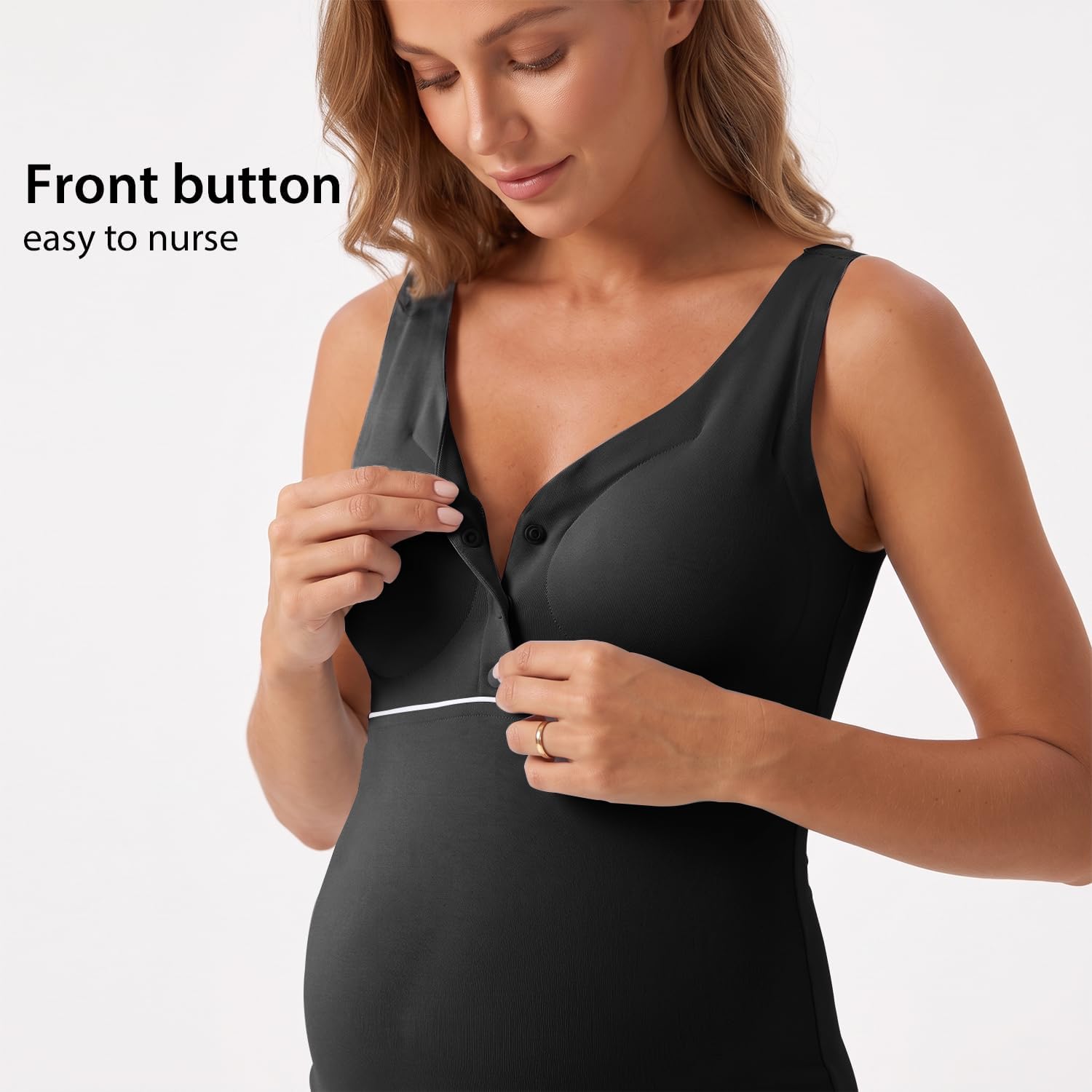 Women's Maternity Nursing Tank Top with Built-in Shelf Bra, V-Neck Button Front Sleeveless Pregnancy Breastfeeding Cami Shirt