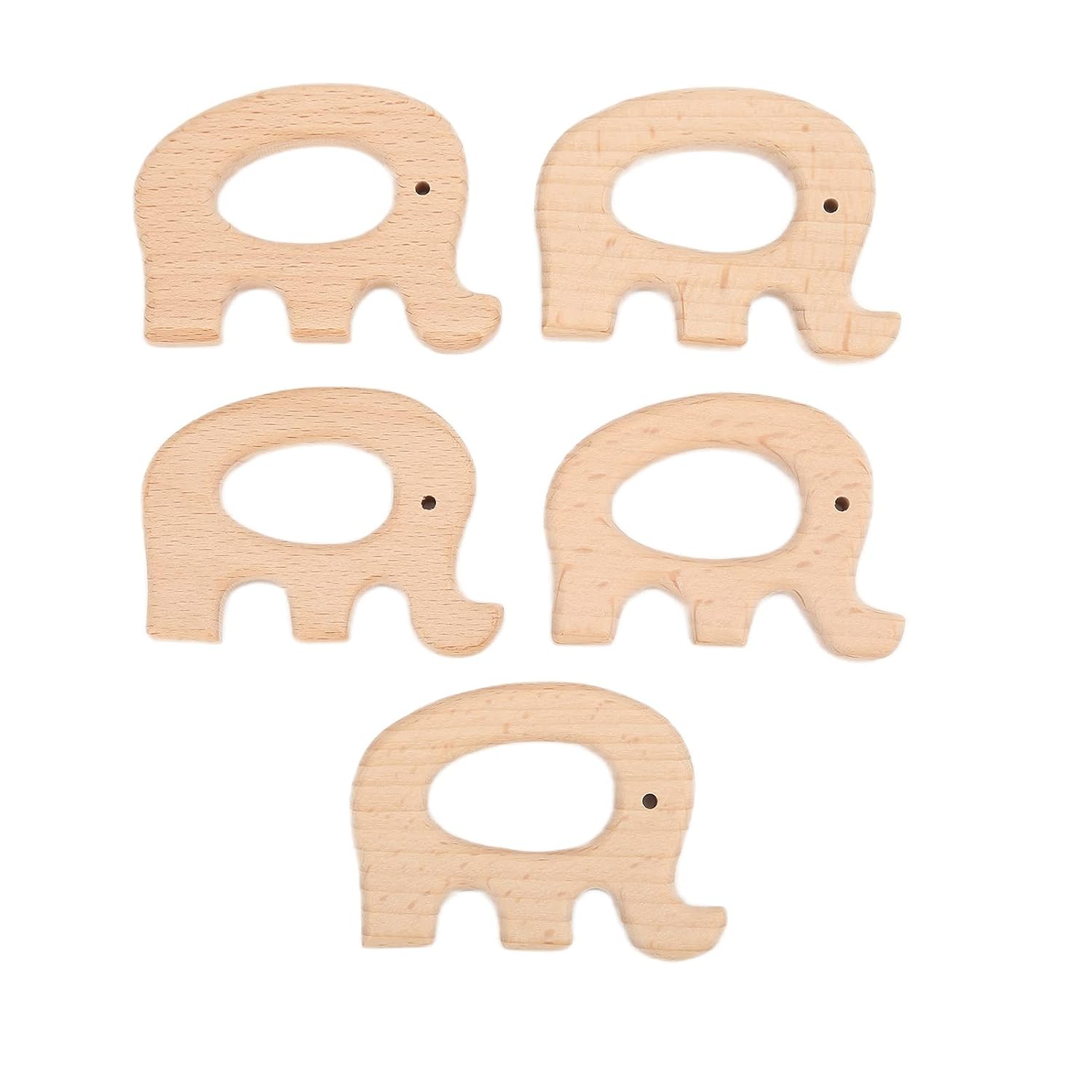 5 Pack Natural Wooden Baby Teether Toys Solid Beech Wood Teething Rings for Infants 0 to 12 Months Montessori Sensory Chew (Elephant)