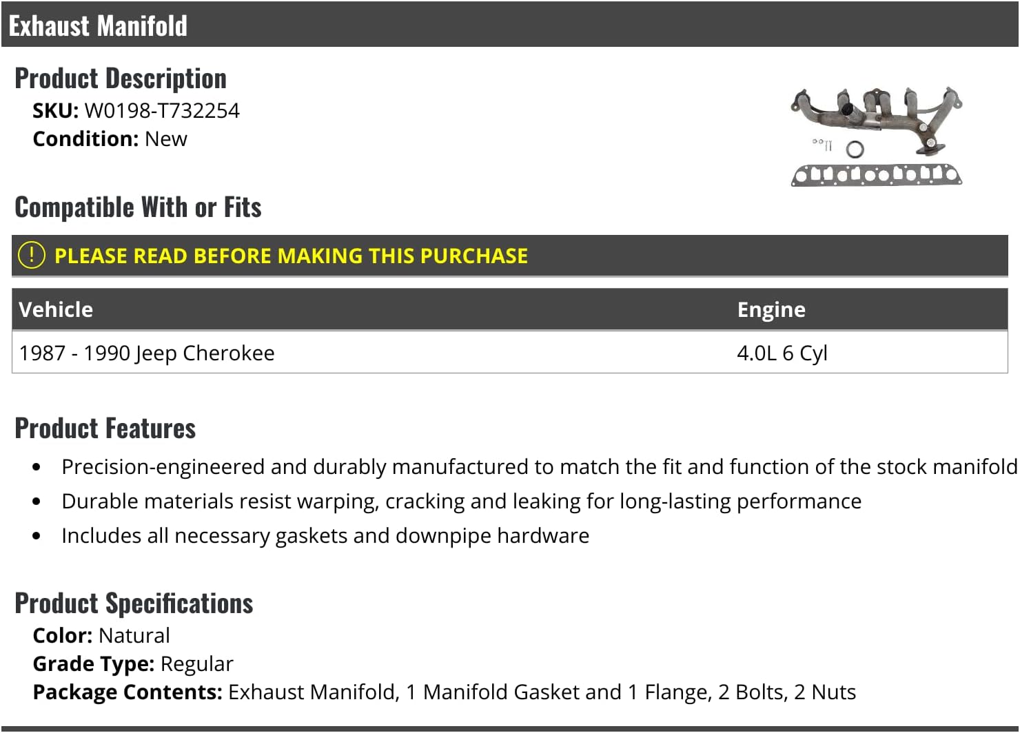 Exhaust Manifold with Gasket and Hardware - Compatible with 1987-1990 Jeep Cherokee 4.0L 6-Cylinder