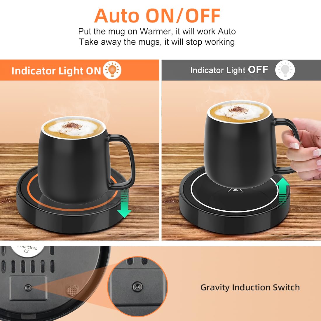 Calentador de tazas de café para escritorio, placa calefactora, calentadores eléctricos para hombres, mujeres y adultos (D + luz naranja)