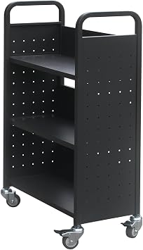 H&A Heavy Duty Book Carts with Wheels, 4-Wheel Rolling Library Book Cart, 3 Shelves Rolling Bookcase Book Storage for Office Furniture School Supply Black