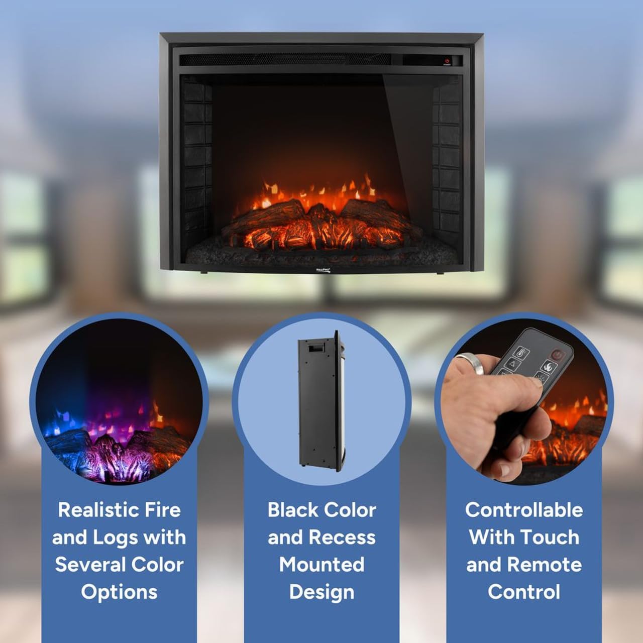 RecPro RV 26" Electric Fireplace | 1500 Watts | 3 LED Flame Color Modes | Curved Glass | Remote Included | Recessed Mount