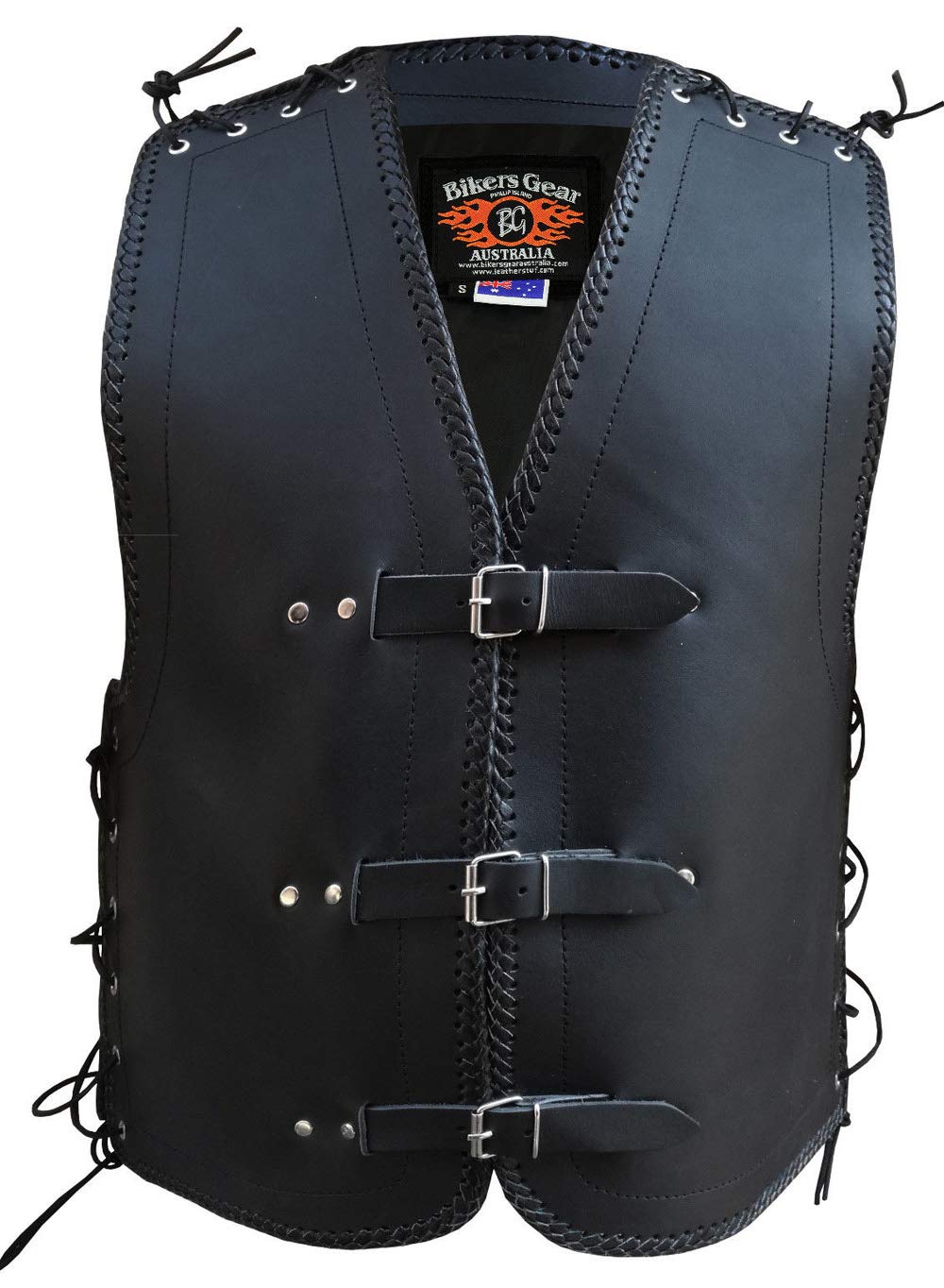 Bikers Gear Australia Heavy Duty NZ koronkowa skórzana kamizelka motocyklowa czarna z białym oplotem