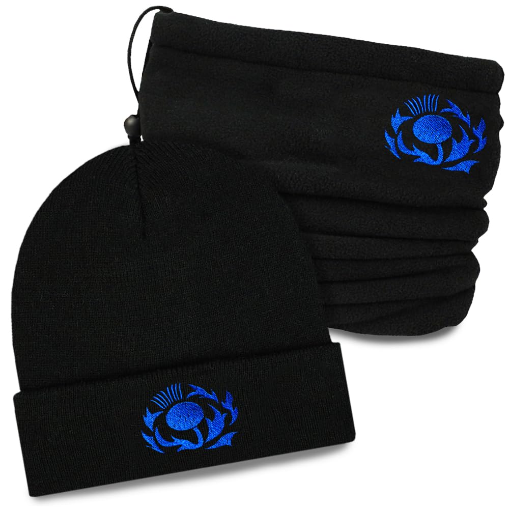 Teddyt's Women's Black Adult Scottish Thistle Embroidered Thermal Beanie Hat & Snood (Black)