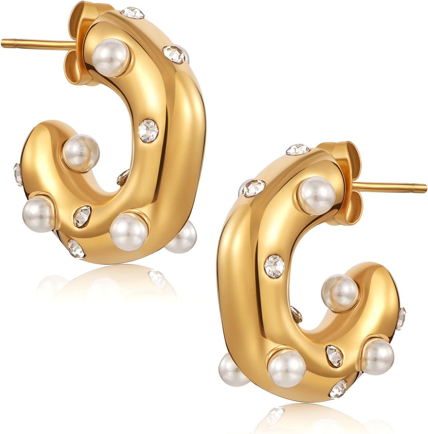 Ornaland Chunky Open Hoops Earrings Gold Hoop Earrings Stainless Steel with Zircon and Shell Bead Fashion Huggies Hoop Earrings Jewelry Gift for Women