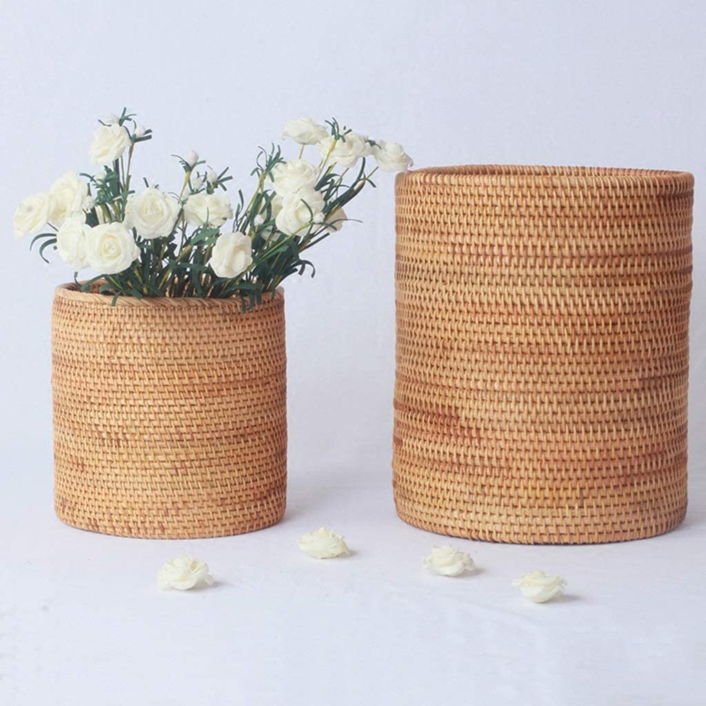NOLLAM Papelera Cubo de Basura Redondo de ratán Tejido a Mano Cubos de Basura Cesta de Basura sin Tapa Cesta de Almacenamiento de Basura Decorativa para Dormitorio Cocina Interior Basurero Cocina