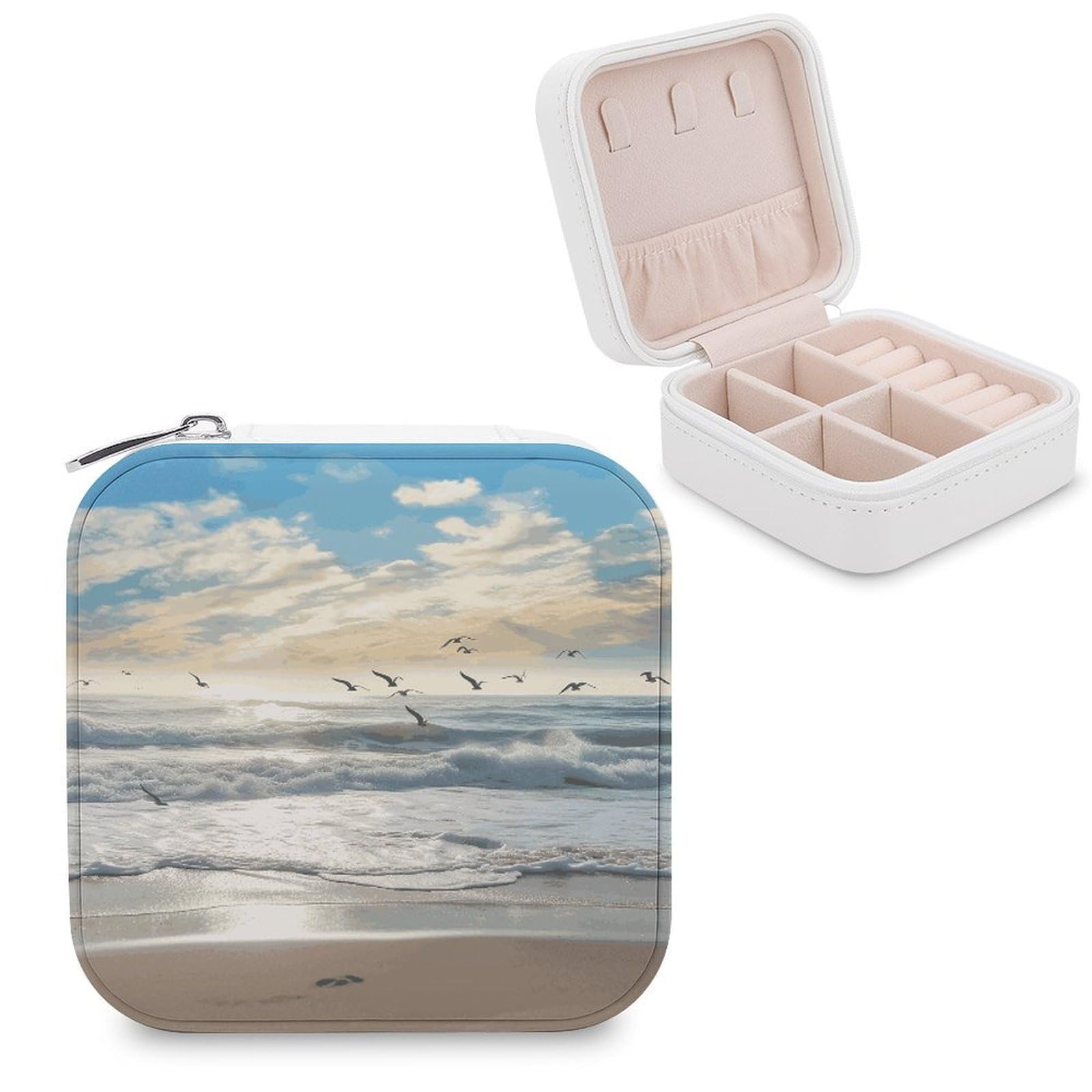 MUSM Waves on The Beach with Sea Birds Travel Jewelry Case Personalized PU Leather Jewelry Boxes for Women Small Portable Jewelry Organizer Box Cute Trinket Box for Necklaces Rings Earrings & Gifts