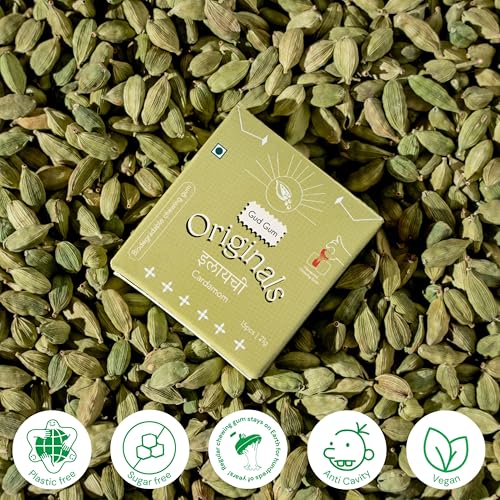 Image of Gud Gum- Natural, Plastic Free Chewing Gum- Clove, Cardamom, Fennel, Cinnamon- 21g x 4 - Mini Pack of 4- No added artificial colours, flavours & sweeteners (4 Packs, 60 chewing gums) Cardamom