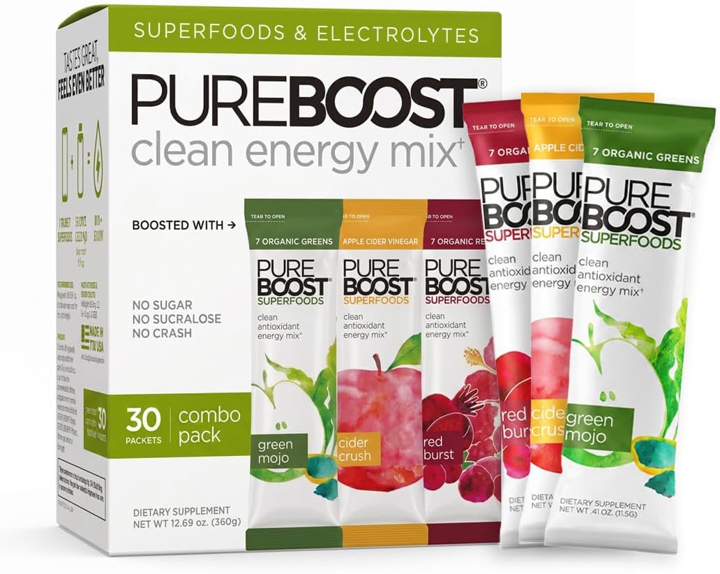 Sugar-Free Superfoods Clean Energy Drink Mix, Combo Pack 30ct | Apple Cider Vinegar, Red and Green Superfoods. B12 vitamin, electrolytes, antioxidants & minerals. No sucralose.
