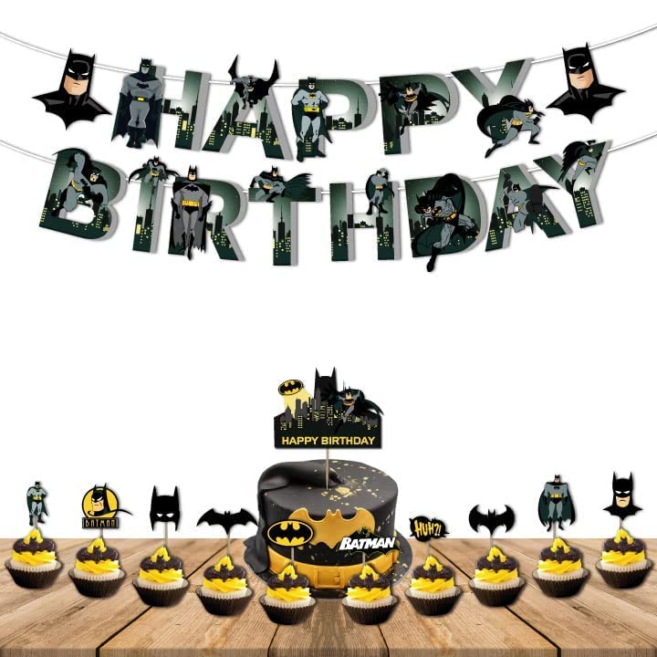 Festiko® Superhero Birthday Party Supplies for Kids,Dark Theme Superhero Party Decorations, Birthday Decorations Combo Happy Birthday Banner, Cake Topper,Cup Cake Toppers