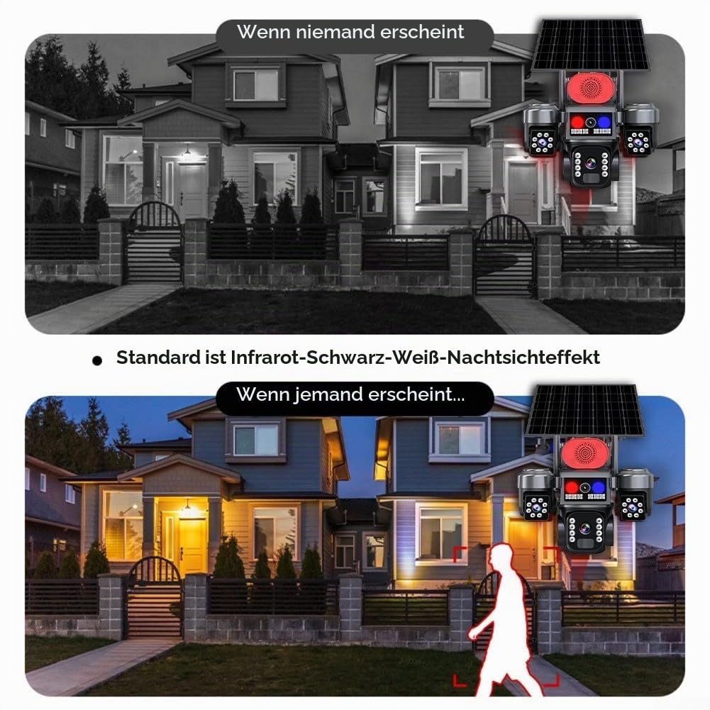 Solar Überwachungskamera Akku mit DREI-Objektiv, 360° Schwenkbar WLAN Kamera Outdoor Kabellos, 2, 4 GHz WiFi, KI-Erkennung, Farbnachtsicht, Zwei-Wege-Audio, IP66