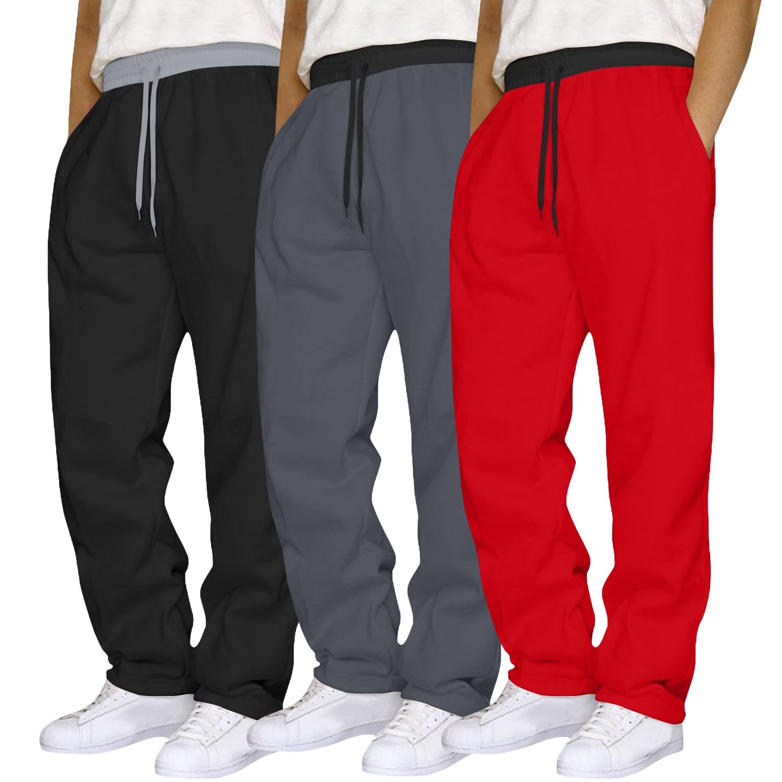 Generisch Pack de 3 pantalones de chándal para hombre, pantalones de entrenamiento holgados, cómodos, pantalones de fitness monocolor, pantalones de ocio, pantalones de exterior, pantalones ligeros